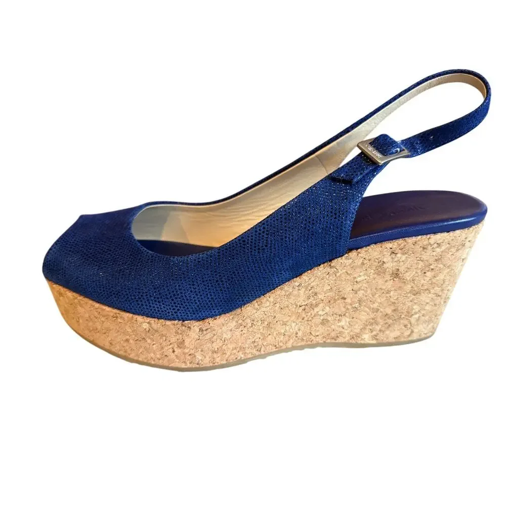 Jimmy Choo Platform Slingback Wedge Cork Peep Toe Sandals Blue 8.5